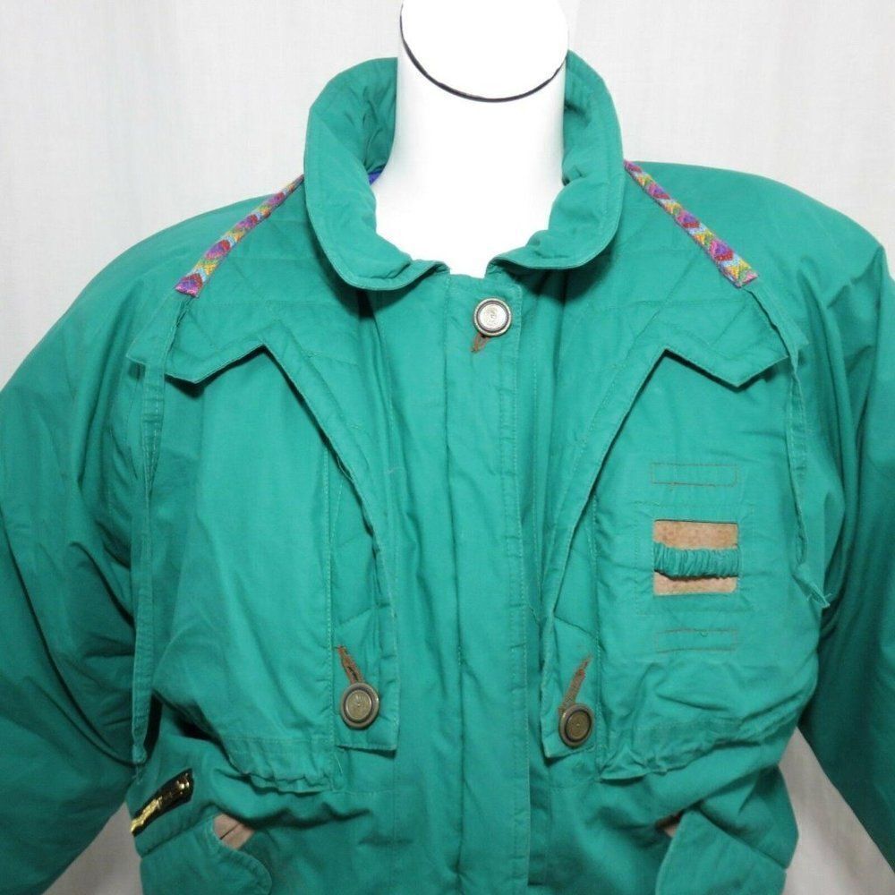 J Gallery Vintage 90s Down Ski Puffer Jacket M Green Multi Color Accent Trim